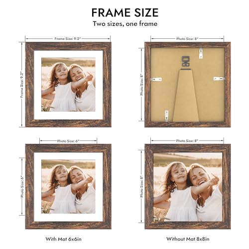 Hongkee 8x8 Picture Frame with Real Glass, Wood Frame 1 Pack(with Mat 6x6) - color: Rustic Brown, size: 8X8 in