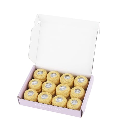 Rhapsody Pearl Cotton Size 8 Crochet Thread Perle 12 Balls Egyptian Cotton Mercerized Set Hand Knitting, Embroidery, Sashiko, Cross-Stitch, Sewing, Needlepoint, DIY, Quilting (LT Straw, Col. 803) - color: LT Straw, Col. 803