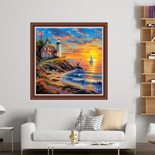 Dimensean Counted Cross Stitch Kit for Beginners, 11CT Unprinted Cross-Stitch Kit Easy Patterns Needlepoint Kit Cross Stitching Embroidery Kit Supplies-Sunrise at Seaside Lighthouse 18x18 inch - color: DIYColor12