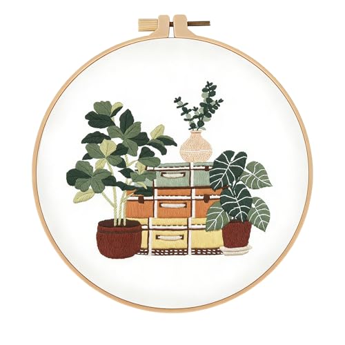 spicssa Embroidery Kit for Beginners, Hand Needlepoint Kits for Adults with Pre-Stamped Patterns, 7.8-Inch Hoop, Threads & Needles, Step by Step Instructions - color: green plants B