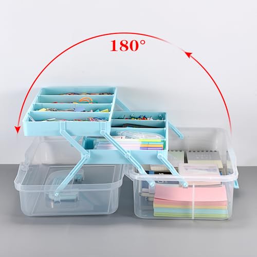 BTSKY 3-Layer Clear Plastic Dividing Storage Box Craft Organizer and Storage with Adjustable Spacers Portable Handled Art Supply Organizer Multipurpose Home Utility Box Sewing Organizers (Blue) - color: Clea+Blue