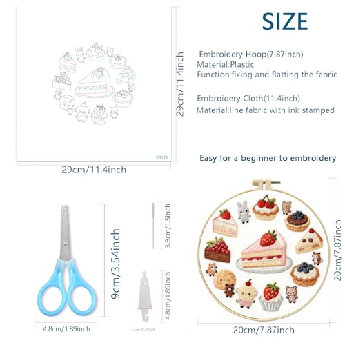 Zhenqing Strawberry Cake Embroidery Kit for Beginners, Pre-Printed 29x29cm Fabric with 20cm Hoop & Threads, Cute Dessert and Animal Design for Home Decor(C0176)