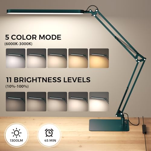 SKYLEO LED Desk Lamp with Slim Base - Adjustable Swing Arm Desk Light, Dimmable, Timer, Eye Protection, Memory Function, 1300LM, 12W, Green - style: Green swing arm with Base