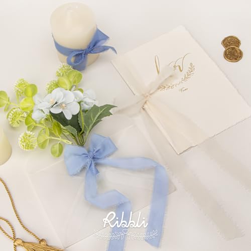 Ribbli Blue Ribbon 1 Inch x 3 Rolls Total 24 Yards Cream/Blue/Dusty Blue Handmade Fringe Chiffon Silk Ribbon for Wrapping Wedding Invitations Bridal Bouquets DIY Crafts Home Decor - color: Cream/Blue/Dusty Blue