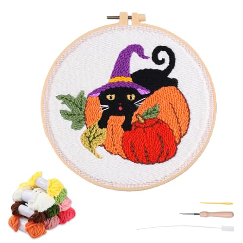 artcici Punch Needle Kit for Beginners with Halloween Pumpkin Black Cat Pattern Tool and Yarn, Easy Embroidery Rug Hooking Set (Pumpkin) - color: Pumpkin