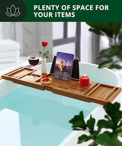 Trending Now Wood Bath Tray – Bathtub Tray for Tub, Expandable Bamboo Bath Tray & Bathtub Caddy with Book Holder, Wine Glass Holder, Phone & Tablet Stand, Spa Bath Accessories, Birthday Gifts for Mom - color: Brown