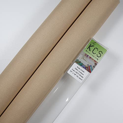 KCS 2 pc of 15" x 18" Counted Cross Stitch Cotton Aida Cloth Needlework Fabric (Khaki, 14CT) - color: Khaki, size: 14CT