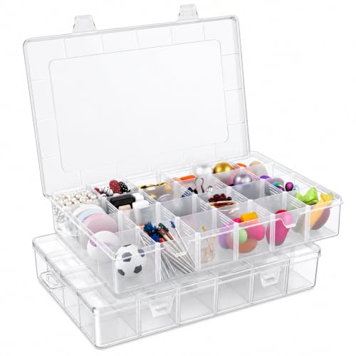 2 Pack 24 Grids Clear Plastic Bead Organizer Box, Fishing Tackle Box Compartment Organizer with Adjustable Dividers for Jewelry, Art Craft, Bead Storage Containers