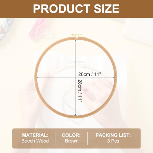 PATIKIL 3 Pieces 11 Inch Beech Wood Embroidery Hoops, Circle Cross Stitch Hoop Frames Embroidery Hoop Ring with Adjustment Brass Screw for Sewing, Needlework, DIY Craft Decoration - size: 11 Inch