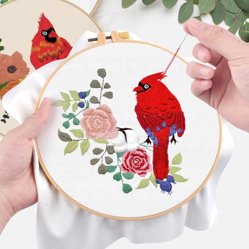 ERKOON 4 Sets Embroidery Kit, Animal Cross Stitch Set for Include Embroidery Cloth Hoops Threads for Craft Lover Hand Stitch (Cardinal) - color: Cardinal