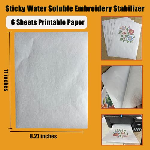6 Sheets Water Soluble Embroidery Stabilizer Paper, 8.27 x 11 inches, Medium Weight Wash Away Stabilizer Allowed for Print or Draw Patterns