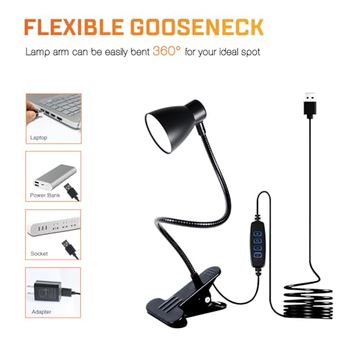CRI 90+ Eye-Care Clip Light for Reading, 6W Small Clamp Lamp for Desk, Flexible Gooseneck Clip Lamp for Bed Headboard with 3 Color Modes & 10 Brightness(Adapter Include) - size: 1 Pack Clip Lamp