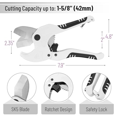Bates- PVC Pipe Cutter, Cuts up to 1-5/8", Ratchet Pipe Cutter, PEX Cutting Tool for Cutting PEX, PVC, PPR Plastic Hoses and Plumbing Pipes, Ivory - color: Ivory