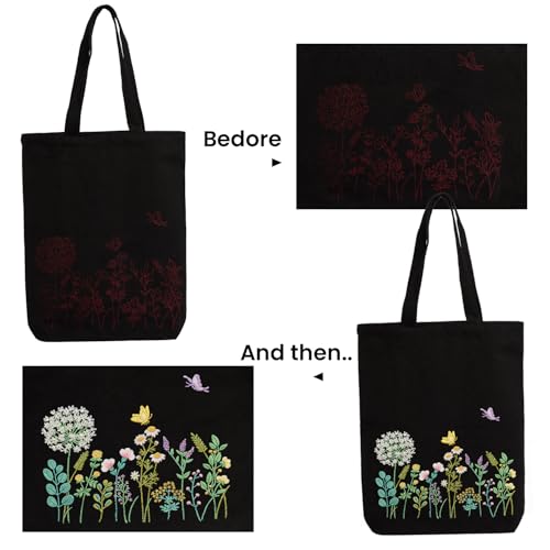 CREAWONDER Canvas Tote Bag Embroidery Kit with Pattern for Beginners, Arts and DIY Embroidery Crafts Kits for Adults, Include Instructions, Embroidery Hoops, Color Threads and Tool - color: CR002 banmeng black