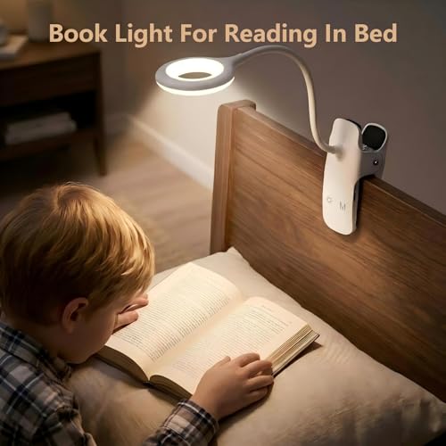 LACOKI Clip on Rechargeable Reading Light for Bed, 3 Color x 3 Brightness 28 LEDs Desk Light, Eye-Caring Desk Lamp with Clamp for Headboard, Table, Desk