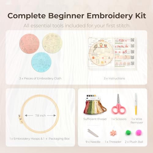 AmoraDec Embroidery Kit for Beginners Adults,Easy Stamped Cross Stitch Hand Embroidery Starter Kit with Video Tutorials,Floral Patterns Needle Point Kits,Fun DIY Craft Gift Set for Women's Hobbies