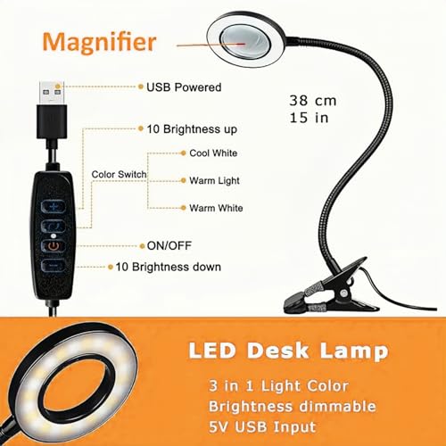 Reading Lamps, Clip on Desk Lamp,Craft Lamp Adjustable Lighted Magnifying Glass with Stand Portable Eye LED Light 3 Colors Dimmable for Reading Crafts Workbench (Adapter Available)