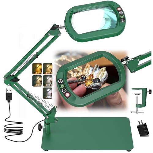 Veemagni 12X Rectangle Magnifying Glass with Light and Stand, 5 Color Modes Stepless Dimmable, 2-in-1 LED Lighted Desk Lamp & Clamp, Hands Free Magnifier for Reading Crafts Painting Close Work - Green - color: Green