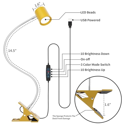 Dott Arts Desk Lamp,USB Clip On Light with 3 Color Modes,LED Reading Lamp - color: Dark Yellow