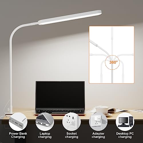 SKYLEO Led Desk Lamp - 33.5" Desk Light - Flexible Gooseneck - 5 Color Modes X 11 Brightness Levels - 1300LM - Timmer & Memory Function - 12W Clip on Light - White - style: White gooseneck
