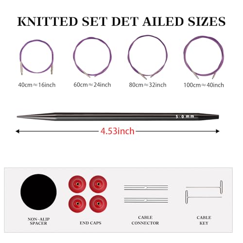 Interchangeable Circular Knitting Needles Set Aluminum 9 Sizes (3.0-6.0mm) Aluminum Circular Needles Kit with Cables, Tapestry Needles & Accessories Portable Craft Tools