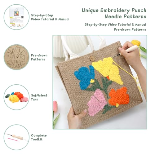 ERNTRNL Punch Needle Tote Bag Kits for Adults Beginner - DIY Punch Needle Embroidery Tote Bag Set, Punch Stitching Kit with Instructions & Video Tutorial Tools (4 Colors)