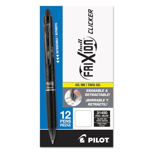 PILOT FriXion Clicker Erasable Gel Ink Pens, Fine Point 0.7mm, Black, 12Pk