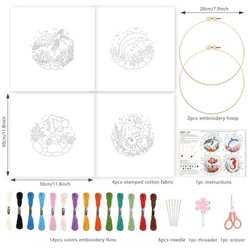 INFUNLY 4 Sets Whale Embroidery Kits for Beginners DIY Cross Stitch Starter Kits with Turtles Seahorses Patterns Fish Sea Animals Embroidery Kits with Instructions Embroidery Cloth Hoops Threads Tools - style: Marine animals