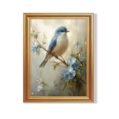 Wojuin Framed Vintage Blue Bird Floral on Branch Canvas Wall Art 8x10 inch - color: Bird, size: 10"L x 8"W