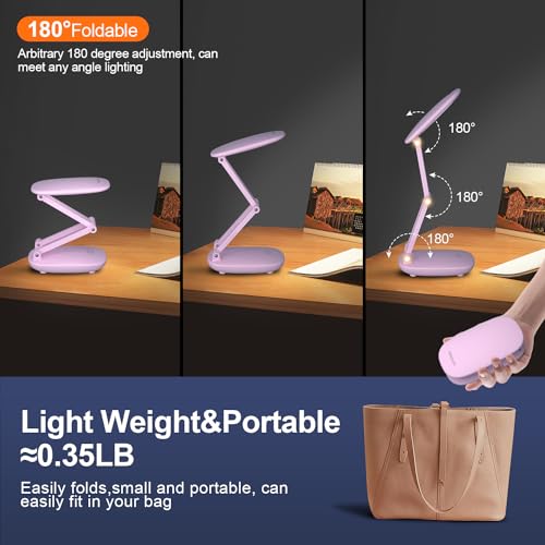 Akejrym LED Desk Lamp for Office Home & Battery Operated Lamp Rechargeable Lamp Foldable & Portable Light, [2-Fold Bracket] 3 Brightness Dimmable Small Desk Lamp Wireless Reading Lamp (Pink) - color: Pink