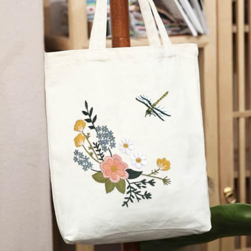 Yangshine Canvas Tote Bag Embroidery Kit with Pattern, Cross Stitch Kits for Beginners, Adults Arts Crafts Needlepoint Kit Include Embroidery Bag, Hoop and Instruction (Beige Bag, Flower and Dragfly) - color: Beige Bag, Flower and Dragfly