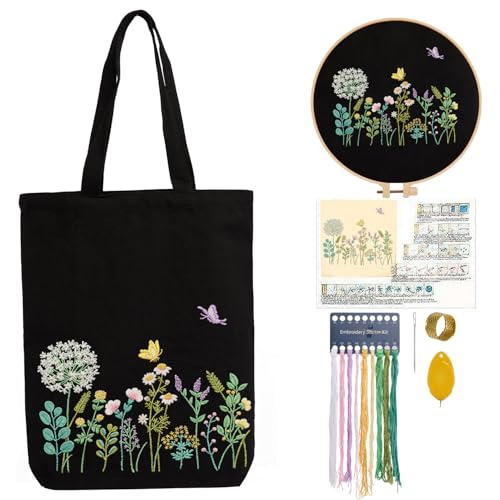 CREAWONDER Canvas Tote Bag Embroidery Kit with Pattern for Beginners, Arts and DIY Embroidery Crafts Kits for Adults, Include Instructions, Embroidery Hoops, Color Threads and Tool - color: CR002 banmeng black