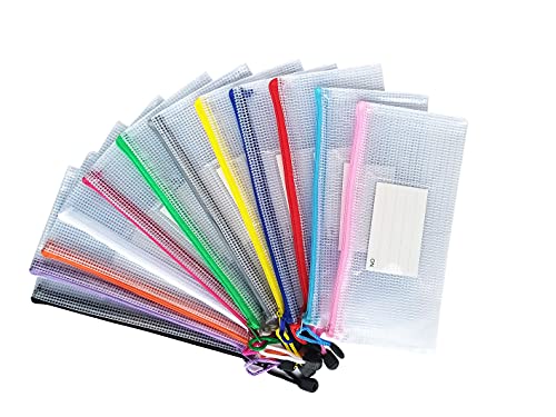 Plastic Mesh Zipper Pouch, 12Pcs Zipper File Bags with Label Pocket, Game Boards Storage Bags, Waterproof Document Storage Bags for Office Home Travel (Receipt Size 9.2x4.1 in) - size: 9.2x4.1 in