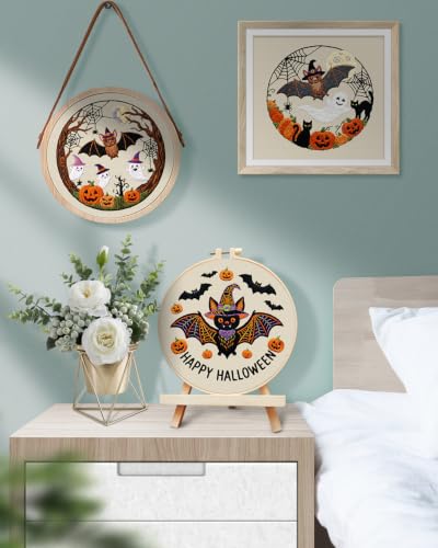 TINDTOP Halloween Embroidery Kit for Adult, 3 Pack Embroidery DIY Starter Kit, with Stamped Patterns, Hoop, Tools, Colorful Threads with Needles, Instructions - color: Halloween B