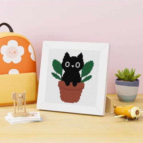 Black Cat Plants Stamped Cross Stitch Kits for Adults Beginners with Frame - color: Black Cat Plants Cross Stitch with Frame