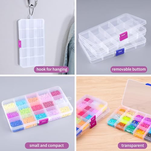 Opret 15 Grids Bead Organizer(4 Pack), Earring Organizer Box, SMALL Plastic Clear Organizing Containers with Adjustable Dividers for Crafts Jewelry Screws Small Items, Size 6.9×3.9×0.9in - color: 4 pcs, transparent