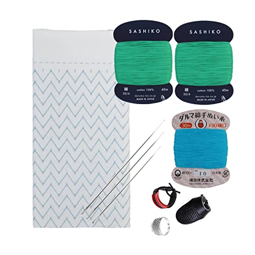 Daruma Hitomezashi Sashiko Kit – Premium Japanese Made Needle and Thread Kit with Sashiko Fukin, Thread, Needles, Thimble – Ready to Use Set (Mountain Range) - color: Mountain Range