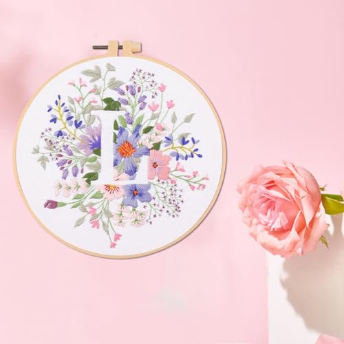 IUHUI Embroidery Kit for Beginners Adults - 26 Floral Letters Easy Patterns, DIY Hand Stitching Embroidery Set with Hoop (Flower and Grass Letter L) - color: Flower and Grass Letter L