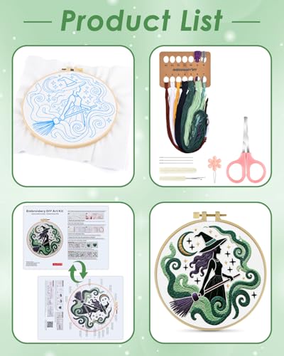 ERKOON Embroidery Kit for Beginners Adult, Cross Stitch Set Include Embroidery Cloth Hoops Threads for Craft Lover Hand Stitch with Embroidery Skill Techniques (Black Witch) - color: Black Witch