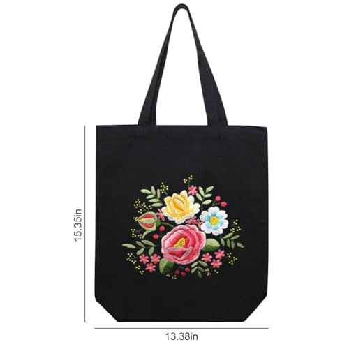 KABAKE Canvas Tote Bag Embroidery Kit - Embroidery Kits for Beginners Combo with Tools - Black Floral Bag Include Stamped Bag, Threads & Tools - color: Black Bag with Floral 2