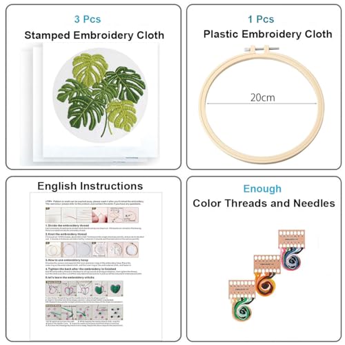 Konrisa Embroidery Kits for Adults Beginner, European Style Garden Plant Green Leaf Stamped Embroidery Starter Kit,DIY Sewing Practice, Needlepoint Cross Stitch Kit,Set of 3 - color: green plant