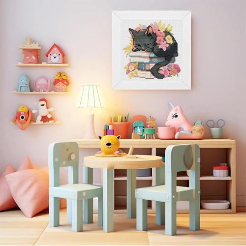Black Cat Stamped Cross Stitch Kits for Adult Beginner with Wooden Frame - color: Black Cat Flowers