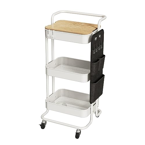 DTK 3-Tier Rolling Cart with Table Top, Metal Utility Cart with Side Bags - color: White, size: Large