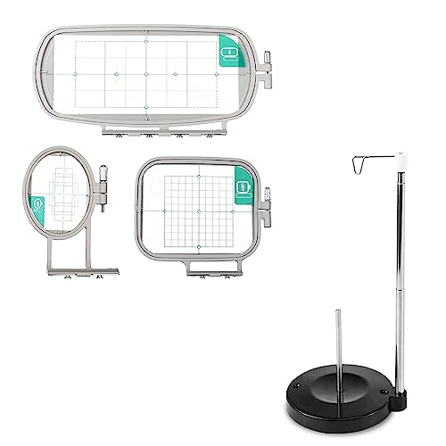 Sew Tech 3in1-A Embroidery Hoops for Brother SE600 PE550D SE700 PE535 SE400 PE525 PE540D PE500 SE625 SE425, and Adjustable Cone Thread Stand Spool Holder for Sewing and Embroidery Machines