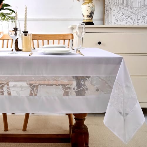 Polyester Fabric Tablecloth with Exquisite Embroidery Sheer Border-Waterproof/Wrinkle Resistant-for Dining,Indoor&Outdoor,Wedding,Holiday,White,Square 52x52Inch - color: White, size: 52" x 52" (Square)