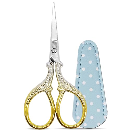 3.6 inch Embroidery Scissors with Leather Sheath for Sewing Art Needlework - color: Silver Gold
