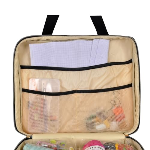 Portable Square Cross Stitch Starter Kits Bag Embroidery Project Bag Embroidery Tool Storage Tote Bag with Multifunctional Pockets, Bag Only (Black Leaves) - color: Black Leaves