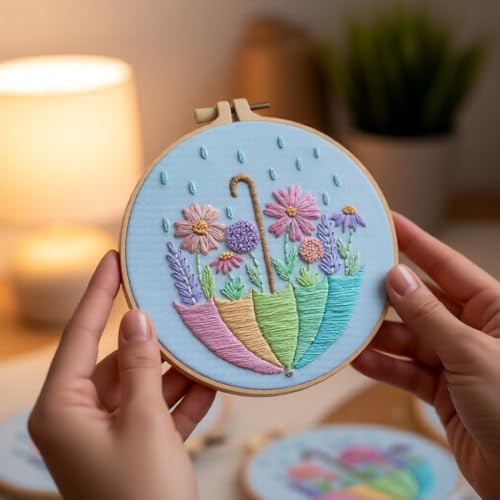 JJFox Embroidery Kit for Beginners and Adults, DIY Hand Embroidery Starter Kit with Cute Pattern, Cross Stitch Needlepoint Set with Hoop, Threads and Instructions (Flower-3) - color: Flower-3