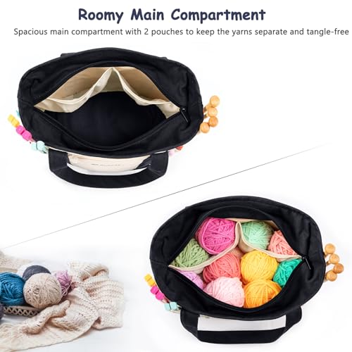 MYBAGZING Yarn Bags for Crocheting,Canvas Crochet & Knitting Tote Organizer - color: Nature-Black, size: Medium-12.5“