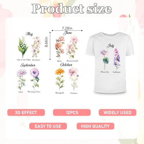 12Pcs Birth Month Dtf Transfers Ready to Press Birthday Flowers Iron on Transfers for Tshirts Floral Transfer Vinyl Stickers for Clothing Pillows Bag DIY Crafts - color: Birth Month